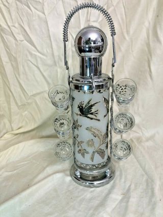 Vintage United Metal Goods Liquor Dispenser & Shot Glass Set Etched Bird Flowers