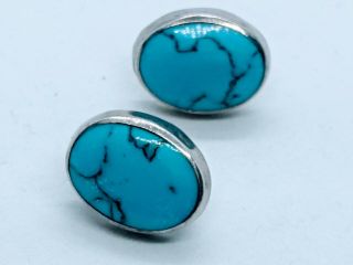 Vintage Sterling Silver 950 Mexico Blue Turquoise Stone Oval Earrings Jewellery
