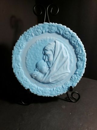 Vintage Fenton 1971 Mothers Day Plate Madonna With The Sleeping Child Blue Satin