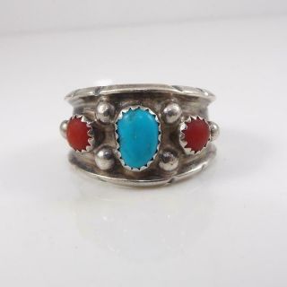 Vtg Native American Sterling Silver Blue Turquoise Red Coral Ring Size 10.  5 Lfl5