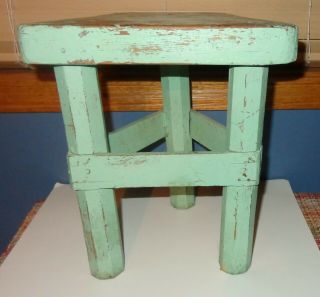 Small Primitive Vintage Wood Stool Old Green Wooden Foot Stool 3 Legs 12 - 1/2 " T