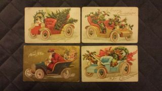 Vintage 1909 Christmas Cards (4) - Santa In Antique Car - Marseilles,  Illinois