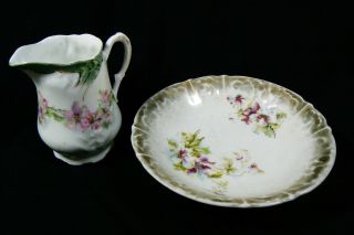 Set Of 2 Vintage Golden Era Pitcher & Plate Dish Bowl Germany Porcelain Flowers