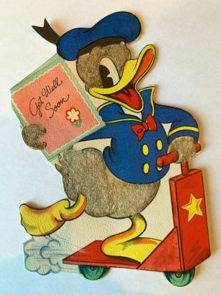 Disney Vintage Greeting Card Get Well Flocked Donald Duck 1943 Hallmark