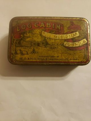 Antique Vintage England Pipe Tobacco Tin Log Cabin Flaked Gold Leaf Mfg By Wills