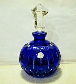Large Vintage 1990s Cobalt Blue Hand Cut To Clear Perfume Bottle Czech Republic