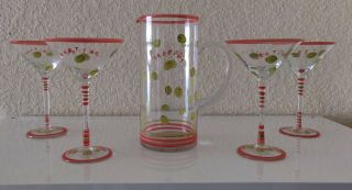 1950s Vintage 5 Piece Hand Painted Martini Set Cocktail Pitcher 4 Glasses Olives