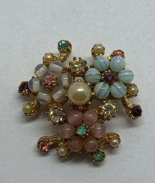 High End Vintage Jewelry White Pink Art Glass Rhinestone Flower Brooch Pin