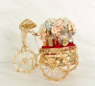 Vintage Gold Wire Flower Cart With 5 Miniature French Perfume Bottles