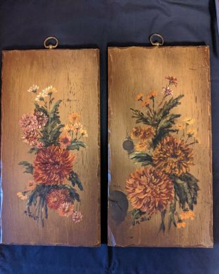Vintage Originals,  Floral Oil Paintings On Wood,  Signed
