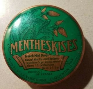 Vintage Mentheskises Tin 2 1/3 Oz French La Vosgienne 3” Round Empty
