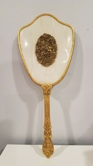 Vintage Hand Held Vanity Mirror Gold Tone Floral Design 14 " Long
