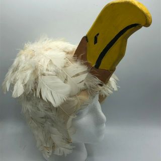 Unusual Weird Creepy Bird Mascot Cap Hat Feathers Wood Beak Vintage F1