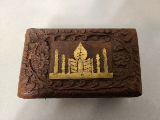 Vintage Hand Carved Wooden And Metal Trinket Box Temple And Flowers - India