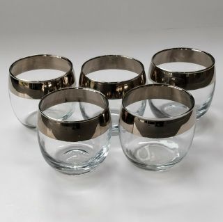 5 Vintage 1960 Dorothy Thorpe Style Roly Poly Drinking Glasses Silver Rim Whisky