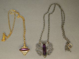2 Vintage Purple Amethyst Glass / Plastic Stone Pendant Necklaces