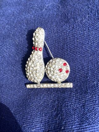 Vintage Rhinestone Bowling Pin And Ball Brooch With Red Stones Darling