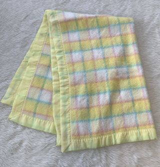 Vintage Pastel Baby Blanket Yellow Plaid Acrylic Nylon Trim 49 " X35 "