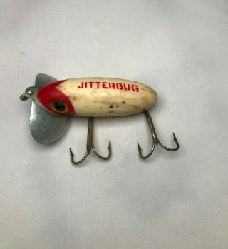 Vintage Fred Arbogast Jitterbug White With Red Head Topwater Fishing Lure