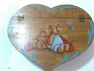Vintage Folk Art Wooden Box Heart Shaped With Bears