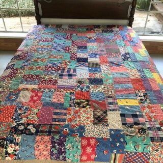 Full Vintage Feed Sack Machine Pieced Hit & Miss Quilt Top; Some Novelty Prints