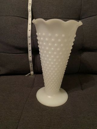 Vintage Fenton White Milk Glass Hobnail Ruffled Vase,  Trumpet / Cone Shape
