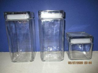 Vtg Anchor Hocking Square Clear Glass Stackable Kitchen Canisters W/lids Usa (3)