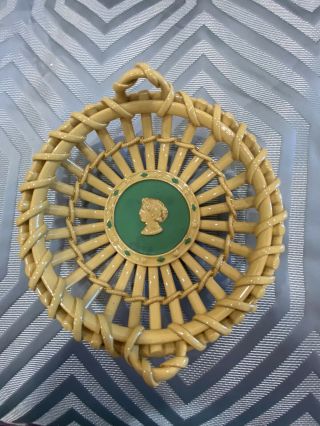 Vintage Tan/green Ceramic Or Porcelain Small Basket With Cameo