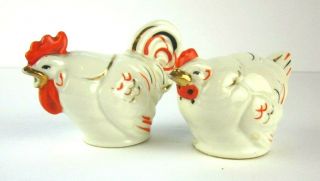 Vintage Rooster & Hen Salt And Pepper Shakers Hand Painted Gold Beaks Japan