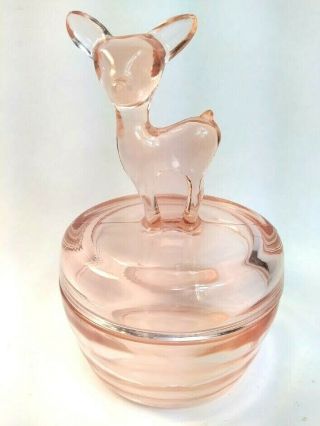 Vintage Jeanette Pink Carnival Glass Deer Fawn Vanity Powder Puff Jar Depression
