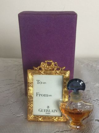 Vintage Shalimar Perfume Miniature & Mini Gold Tone Picture Frame By Guerlain.