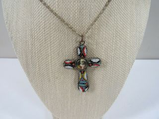 Vintage Antique Micro Mosaic Roma Cross With Pope In Center And Chain Necklace