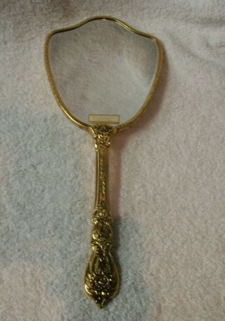 Vintage Handheld Vanity Mirror 24k Gold Plated With Floral Motif
