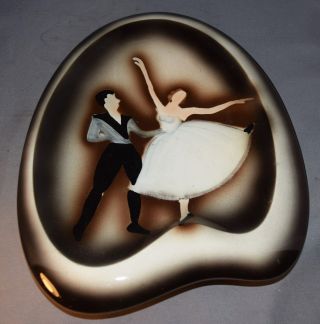 Vintage Mid - Century Modern Art Pottery Ballerina & Partner Enameled Plaque