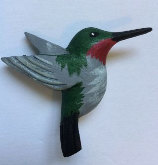 Vintage Hand Carved & Painted Wood Hummingbird Bird Pin Signed B Wiley