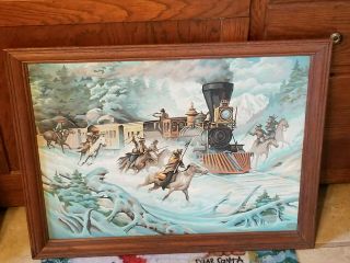 Vintage Paint By Number Picture Native American Indians Attacking Train In Snow