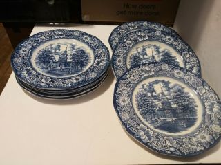 Vintage Liberty Blue Historic Colonial Scenes 8 Dinner Plates Made In England