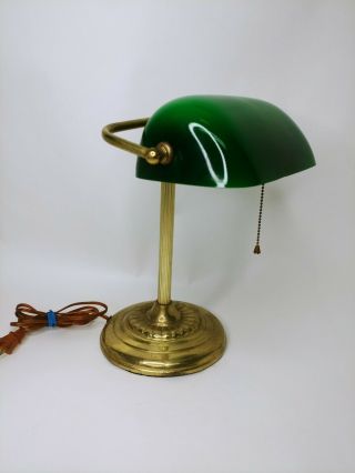 Vintage 1990’s Bankers Desk Lamp Green Glass Shade Brass Color Art Deco
