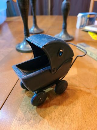 Vintage Mid - Century Toy Baby Buggy Stroller 4 Inches Tall Metal And Wood