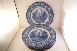 Vintage Staffordshire Liberty Blue Independence Hall Set Of 6 Dinner Plates