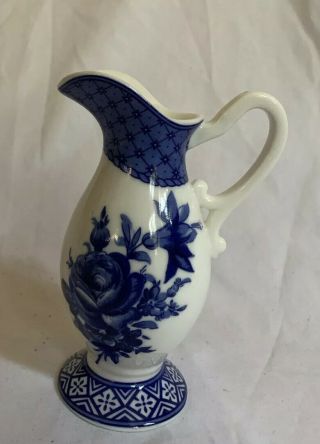 Vintage London Pottery Pitcher White Blue Rose Floral Vase Creamer 4.  5 "