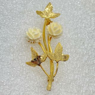 Vintage Rose Flower Duo Brooch Pin White Celluloid Gold Tone Costume Jewelry