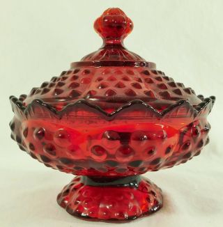 Vintage Fenton Ruby Red Amberina Hobnail Glass Covered Candy Pedestal Bowl Dish