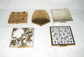 5 Vintage Mid 20th C.  “elgin American” Compacts Gold & White Enamel 2 5/8” Sq.  C