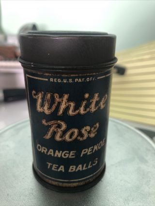 Vintage White Rose Advertising Tin Container Orange Pekoe Tea Balls