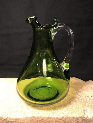 Vintage Mid Century Green Art Glass Crimped Rim Pitcher Vase 4 "
