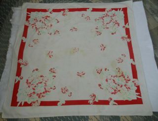 Vintage 48 " Square Tablecloth - White With Red Flowers - Stained