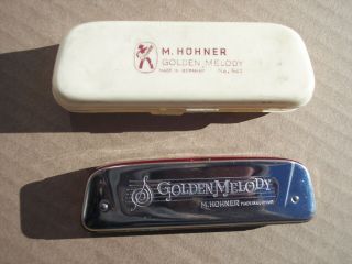 Vintage Hohner " Golden Melody " Harmonica W/case Key Of Eb 10 Holes Made Germany