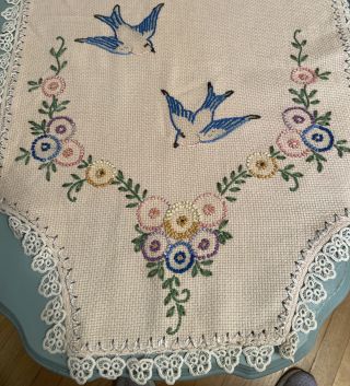 Vintage Embroidered Cream Blue Birds Floral Lace Table Runner Dresser Scarf