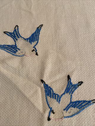 Vintage Embroidered Cream Blue Birds Floral Lace Table Runner Dresser Scarf 2